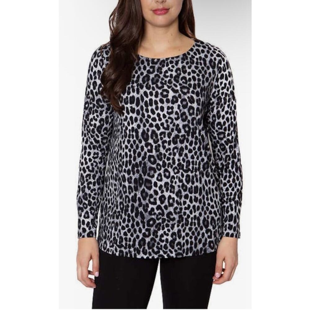 Mario Serrani Italy Gray Black Leopard Print Long Sleeve Stretchy Blouse Sz XXL